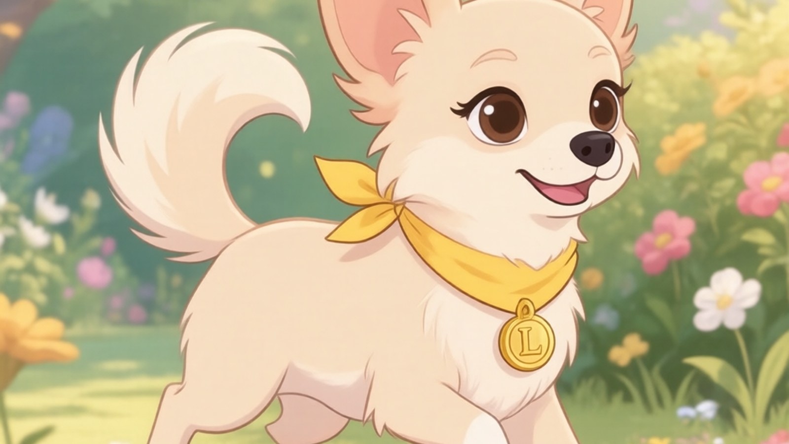 Lily, a tiny cream chihuahua puppy with a yellow neckerchief, running happily through a sunny garden